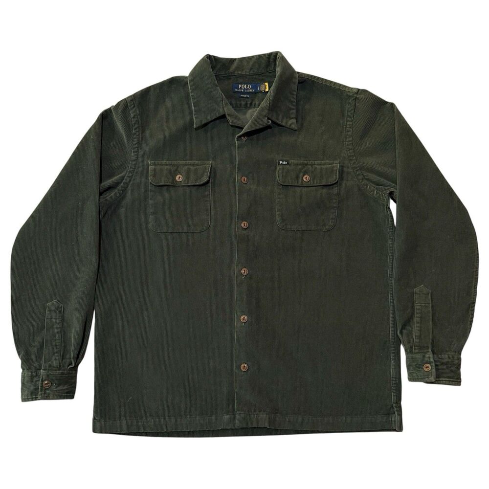Polo Ralph Lauren Classic Fit Corduroy Camp Shirt Large Olive Green Button Down